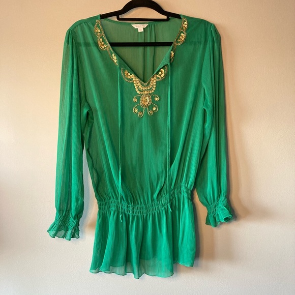 Harlow Zee Peasant Boho Sexy Sheer Green Gold Beaded M. - Picture 2 of 4